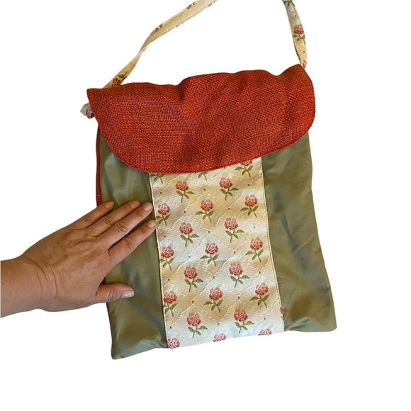 Handmade Burlap & Floral Sage green & Rust cottagecore tote . - Picture 2 of 7